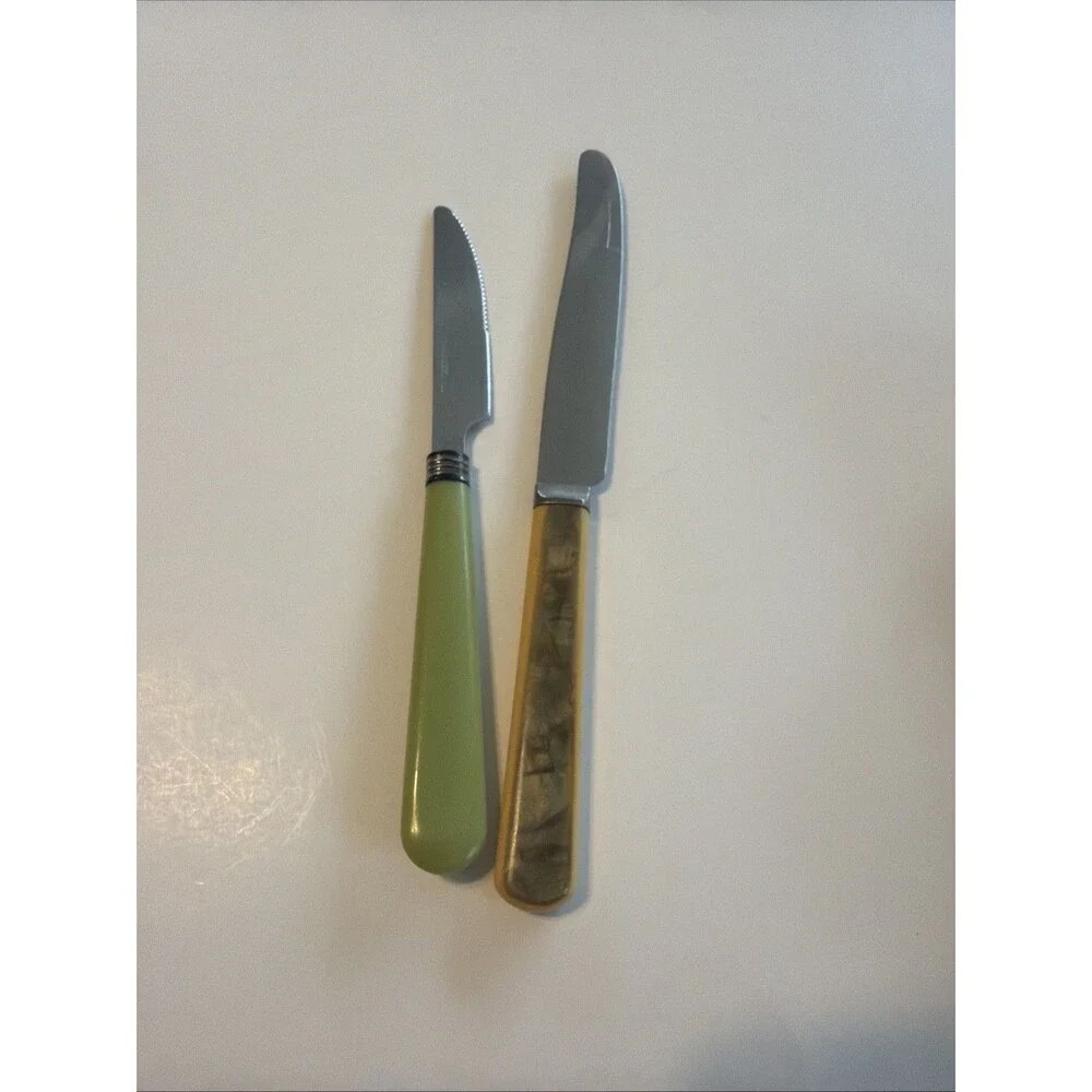 Vintage Butter Knives MCM Jade Green And Green Marble W Yellow Stainless Steel